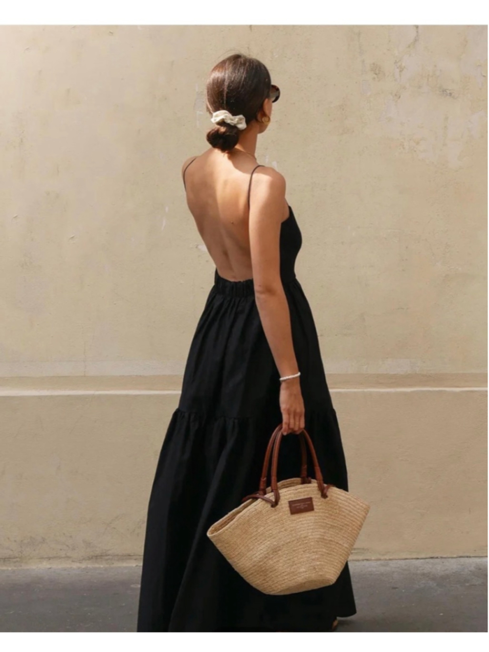 Commense Black Low Open Back Tiered Maxi Dress Size S 90s Minimalist Resort Euro